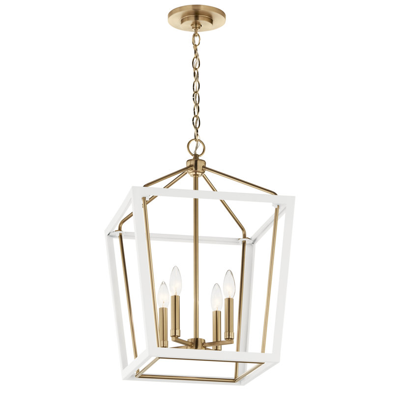 Luminaire suspendu de style lanterne à 4 lumières Delvin, Blanc / bronze champagne, H 24 po x l 16 po x P 16 po