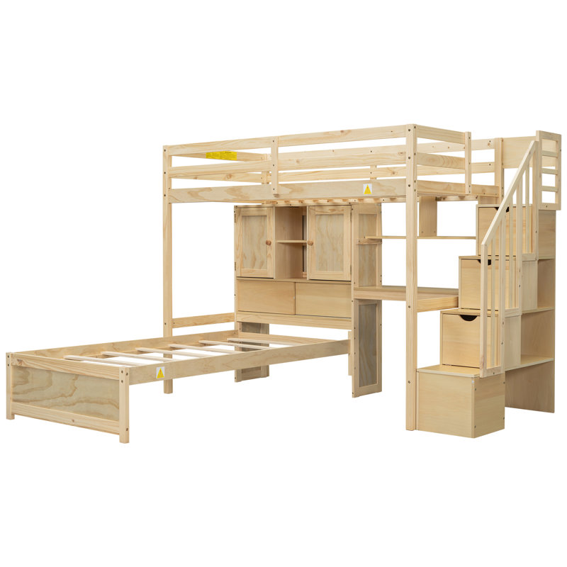 Lit simple surélevé naturel avec bureau intégré et fabrication robuste - avec bureau et rangement, Naturel