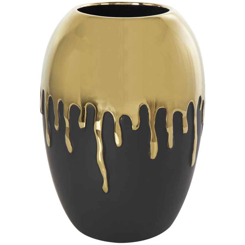 Patrich Ceramic Abstract Decorative Vase with Abstract Gold Melting Drips, 13.1" H x 9.2" W x 9.4" D, Gold/Black