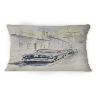 Black Retro Car In Old Europe Street -1 Industrial Printed Throw Pillow