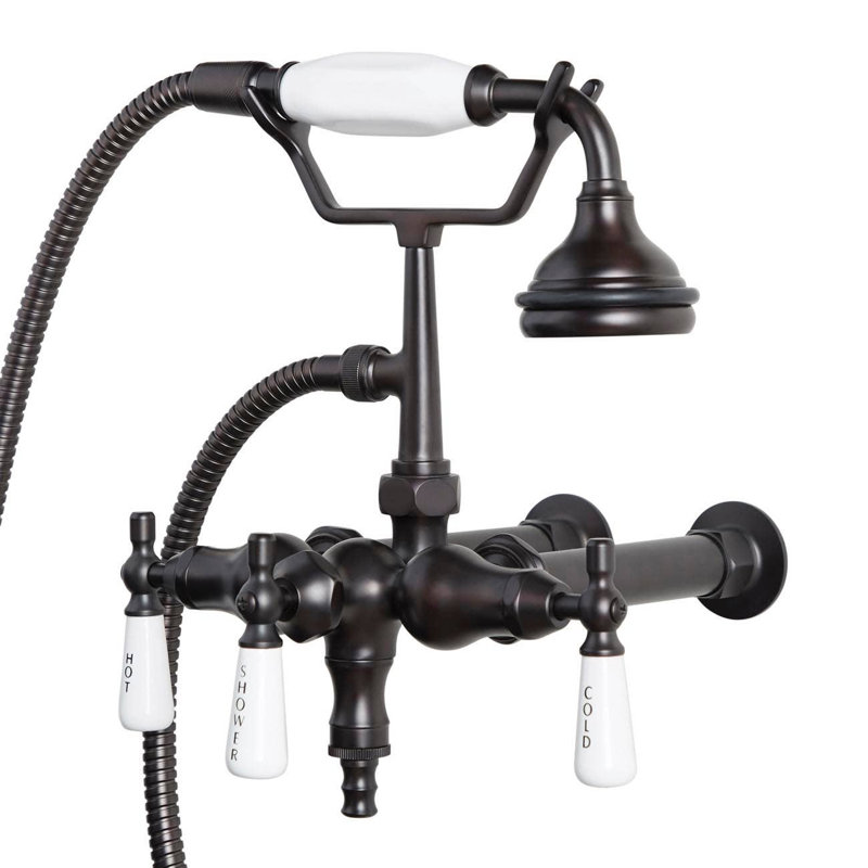 3 Handle Wall Clawfoot Tub Faucet with Diverter, Oil Rubbed Bronze