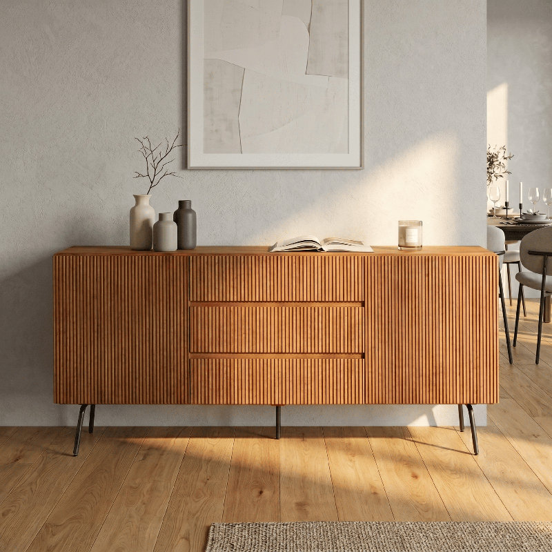 Sideboard Drawers Buffet Cabinet with Groove Design and Metal Legs, Storage Cabinet for Living Room, Dining Room, and Entryway, Effortless Assembly