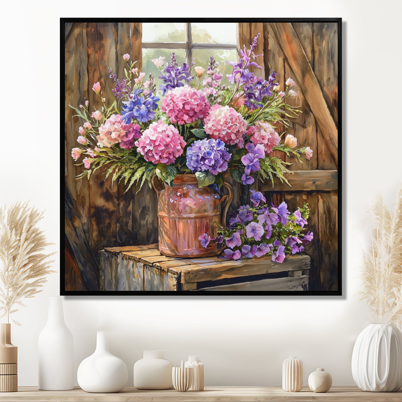 Bouquet de jardin rustique Doedrich à la grange - Assortiment de bouquets d'art mural, Impression encadrée flottante