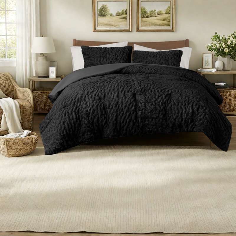 Cozy Full Queen Polyester Bedding Sets, Ruched Faux Fur For Home