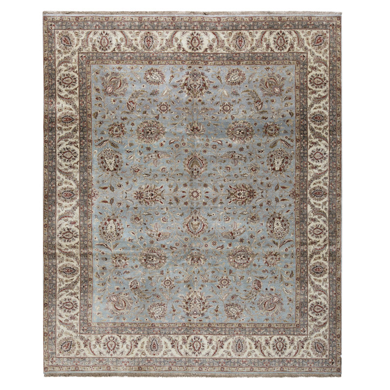 Hand Knotted Wool Area Rug in Light Blue And Ivory