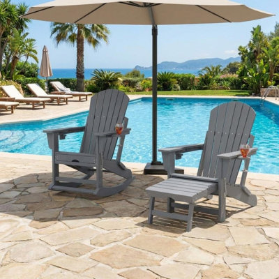 Folding Adirondack Rocking Chair Set 4-Pack – HDPE Outdoor Rockers with Retractable Footrest, High Back, Cup Holders