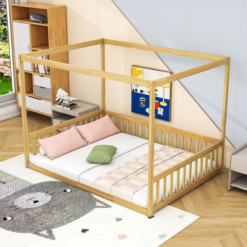 Lit à baldaquin en bois luxueux avec garde-corps, Naturel, Double