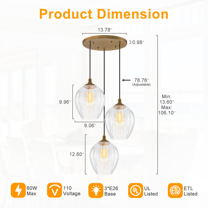 Suspension à 3 lumières en laiton mat avec abat-jour en verre cristal côtelé en forme de larme, luminaire moderne et réglable pour salle à manger