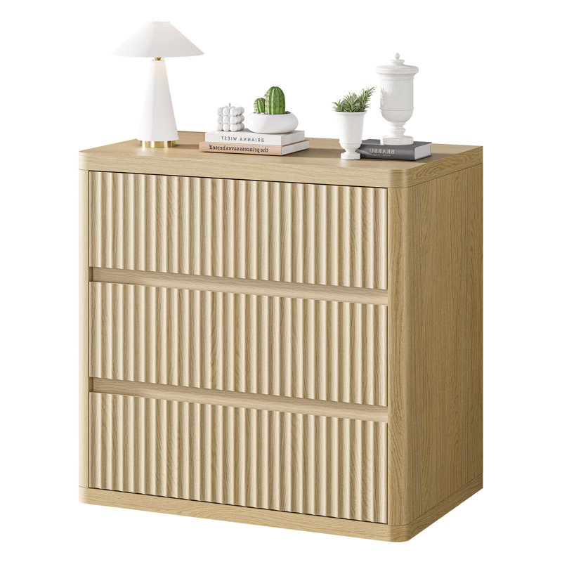 Ensemble de table de chevet moderne en bois naturel incurvé sans poignées de 25 po avec 3 tiroirs Modern Ginter, Naturel