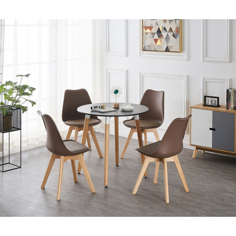 Christy 4 Person Dining set - a Round Plastic Dining Table with Wooden Legs and a Set of 4 Faux Leather Cushion Padded Dining Chairs for Dining Room - Modern Dining Table Set