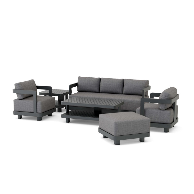 Ensemble de conversation avec coussins Massud Sunbrella, Gris, 2 fauteuils, canapé, repose-pieds, table, table d