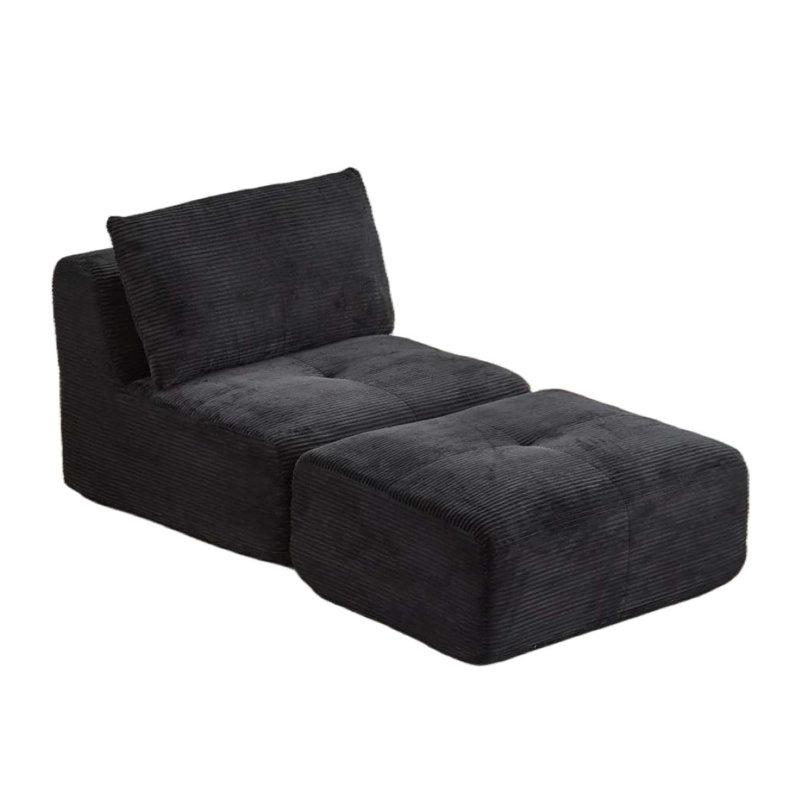 Fauteuil 69,68 po en velours côtelé entièrement rembourré avec repose-pieds, Noir