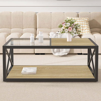Table basse moderne pour chambre à coucher et salon, plateau en panneau de fibres à densité moyenne en bois trempé et bois naturel, table basse de style industriel