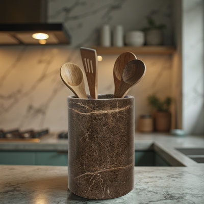 Handmade Marble Utensils Holder For Kitchen Utensil Storage And Tabletop - Organizer For Countertops, Pantry, Bathroom, Flower Vase, Office & Center Table
