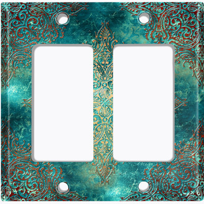 Flower Patina Copper Teal Print 2 - Gang Toggle Light Switch Standard Wall Plate
