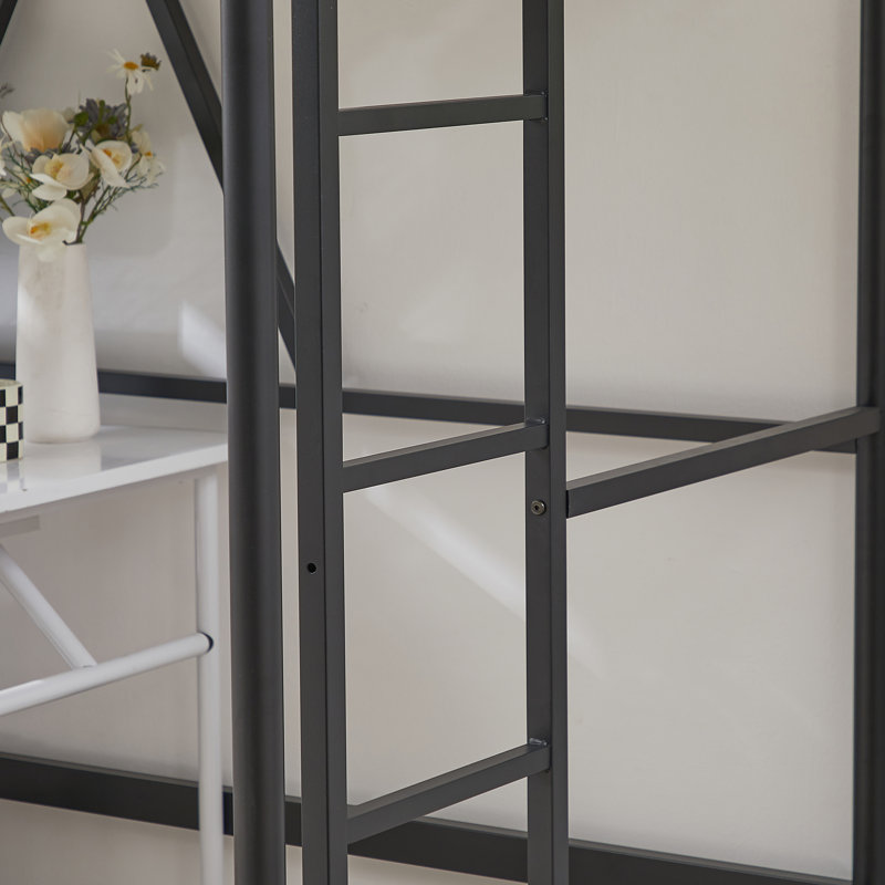Metal Single Size Loft Bed, Metal Bed Frame with Removable Ladder and Safety Guardrail, Space Saving, Black