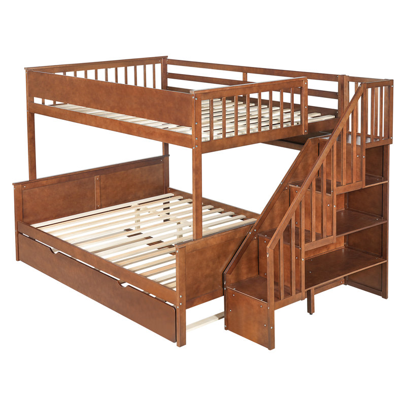 Full XL over Queen Bunk Bed with Storage Shelves and Staircase,Trundle and LED Light,Walnut, Walnut