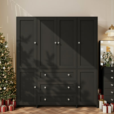6-Door Armoire With Mirror, Wardrobe Closet With 3 Drawers by Ebern Designs
