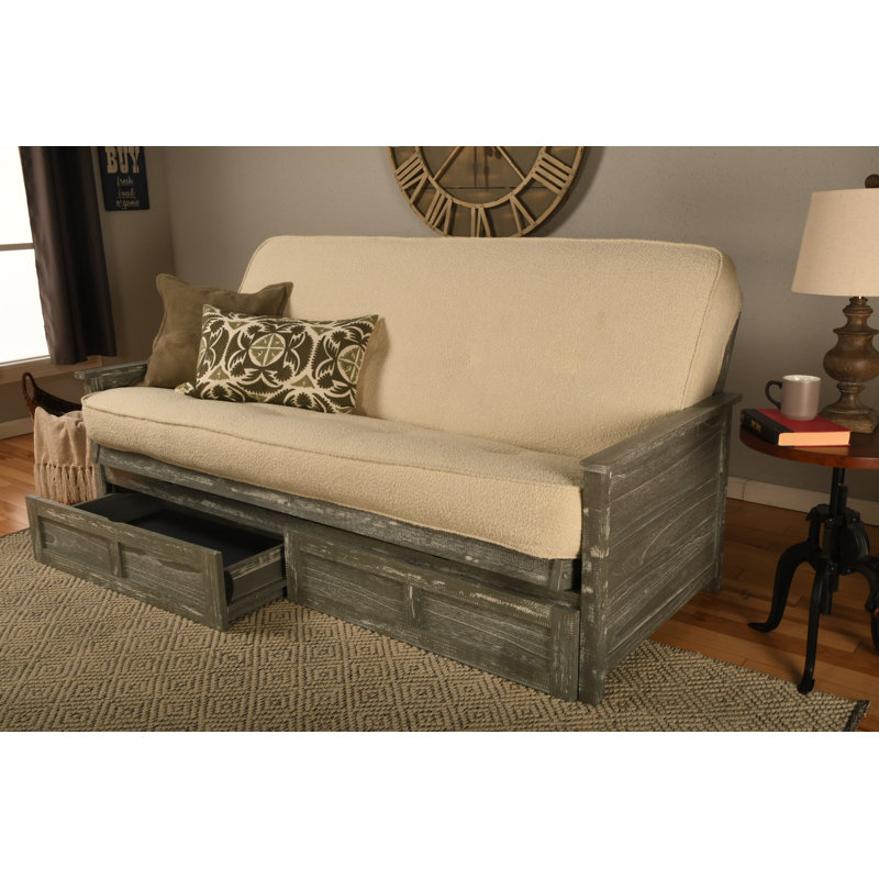 Futon double avec matelas avec rangement Emmiliano, Gris patiné, 100% polyester crème cantonnée
