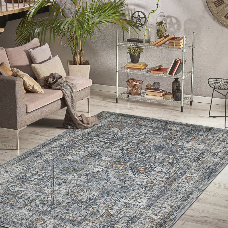 Gray and Ivory Rectangular Oriental Synthetic Area Rug 5'3" x 7'6"