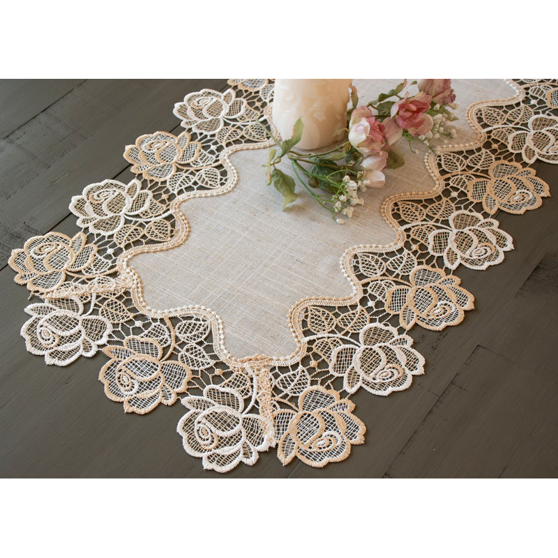 Beige Rose Collection Elegant Vintage Rose Lace Table Runner, 15" x 35"
