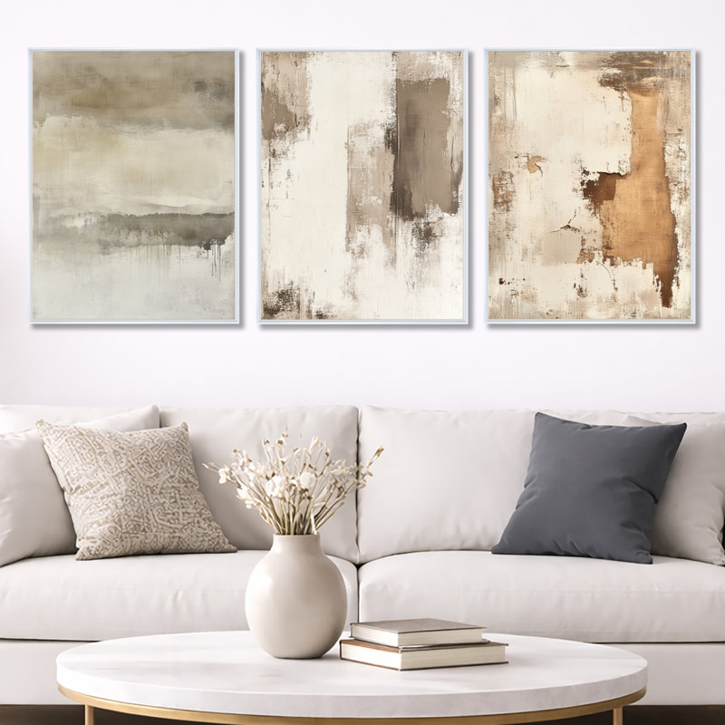 «Neutral Limewash Calm - Abstract Minimalisme», reproduction de toile encadrée 3 pièces, Cadre flottant blanc