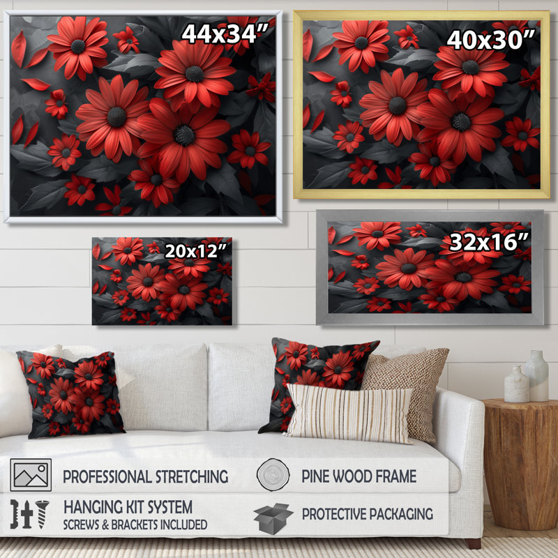 Décoration murale marguerites monochromes rouges et noires I - marguerites, H 34 po x l 44 po x P 1,5 po, Cadre simple noir