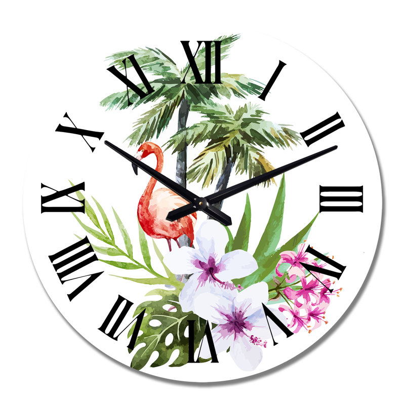 Flamant rose avec palmiers et fleurs II - Horloge murale traditionnelle, Moyen