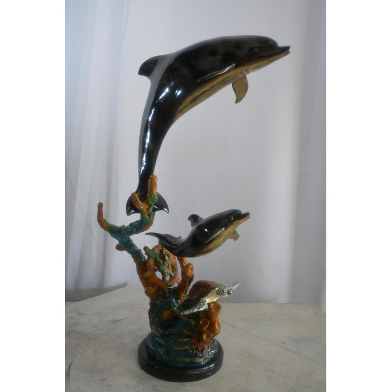 Sculpture bronze corail et trio de dauphins et tortue de mer 15 po x 9 po x H 29 po