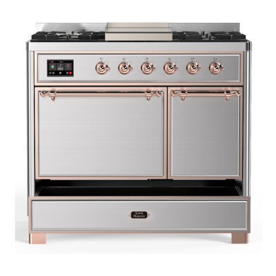 Cuisinière à double combustible de 40 pouces avec 6 brûleurs scellés, plaque chauffante, en acier inoxydable (propane liquide, garniture en cuivre) Majestic III Series