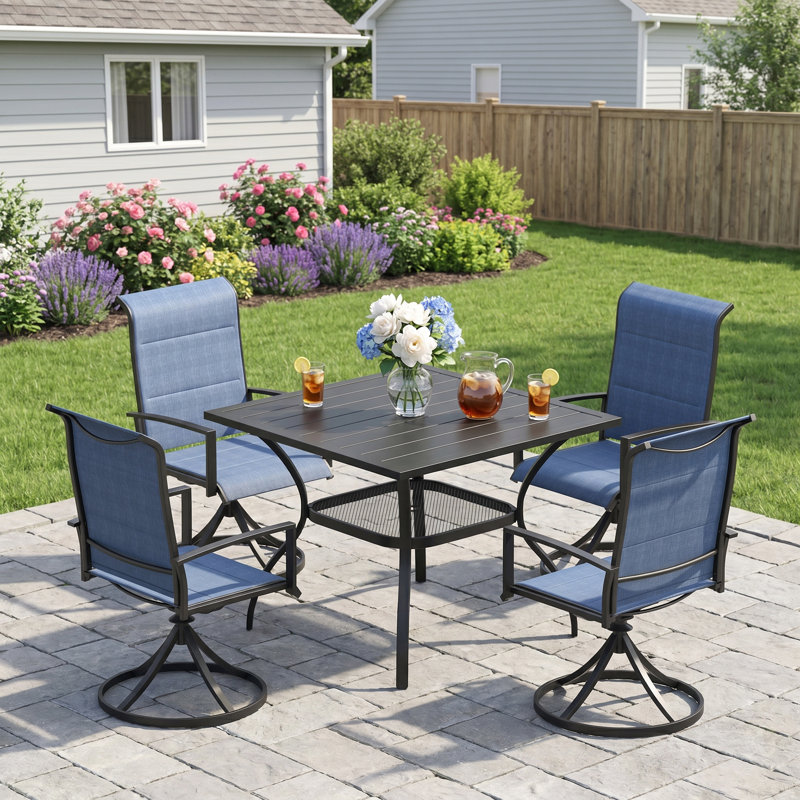 4-Person Outdoor Patio Dining Set, Black, Blue/Black