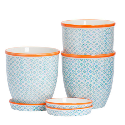 Nicola Spring - Hand-Printed Plant Pot with Saucer - 20.5cm - Blue