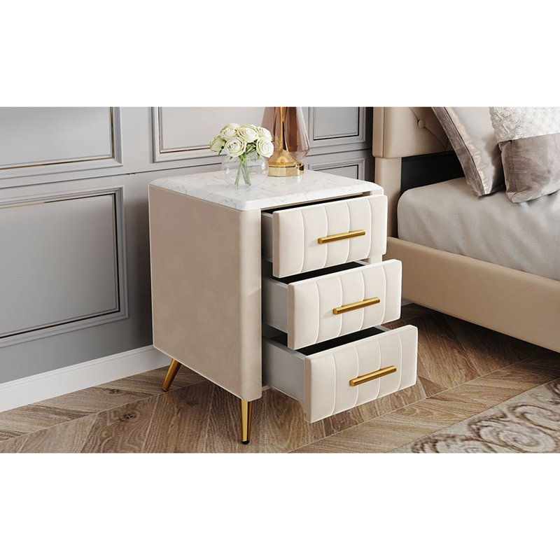 Table de chevet rembourrée avec 3 tiroirs et caractéristiques en métal - Table de chevet beige avec 3 pieds, Beige