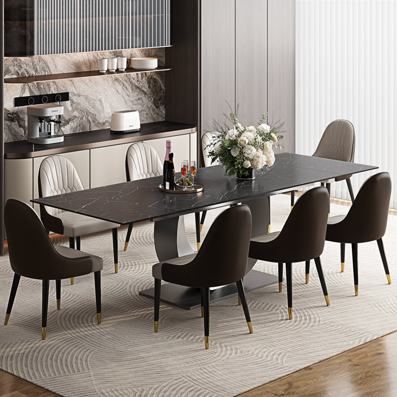 Ensemble de table de salle à manger extensible en fritté de 94,5 po avec 8 chaises en similicuir, ensemble de salle à manger de luxe moderne 9 pièces avec base en U en acier inoxydable