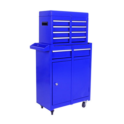 5 Metal Tool Box With Lockable Wheels & Internal Space - Blue Rolling Cabinet Detachable Top Side Handles Workshop