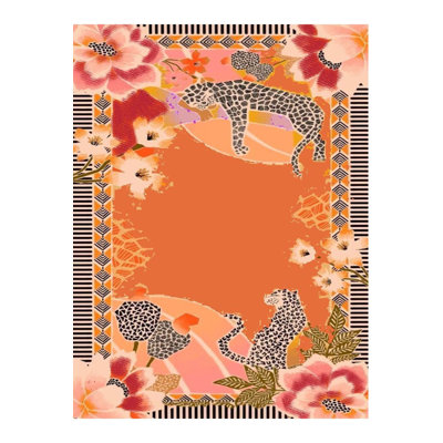 Machine Washable Sun Collection Orange Theme Flower and Tiger Patterned Woven Base Modern Decorative Area Rug