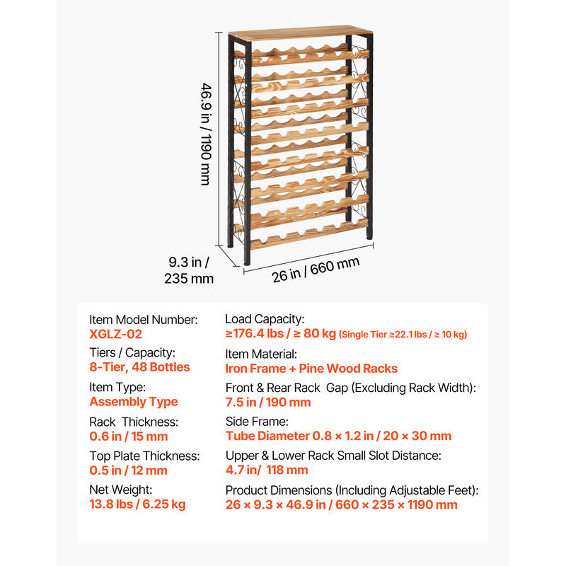 Support à vin autoportant à 48 niveaux pour 48 bouteilles, structure en métal avec tablettes en bois et plateau de table