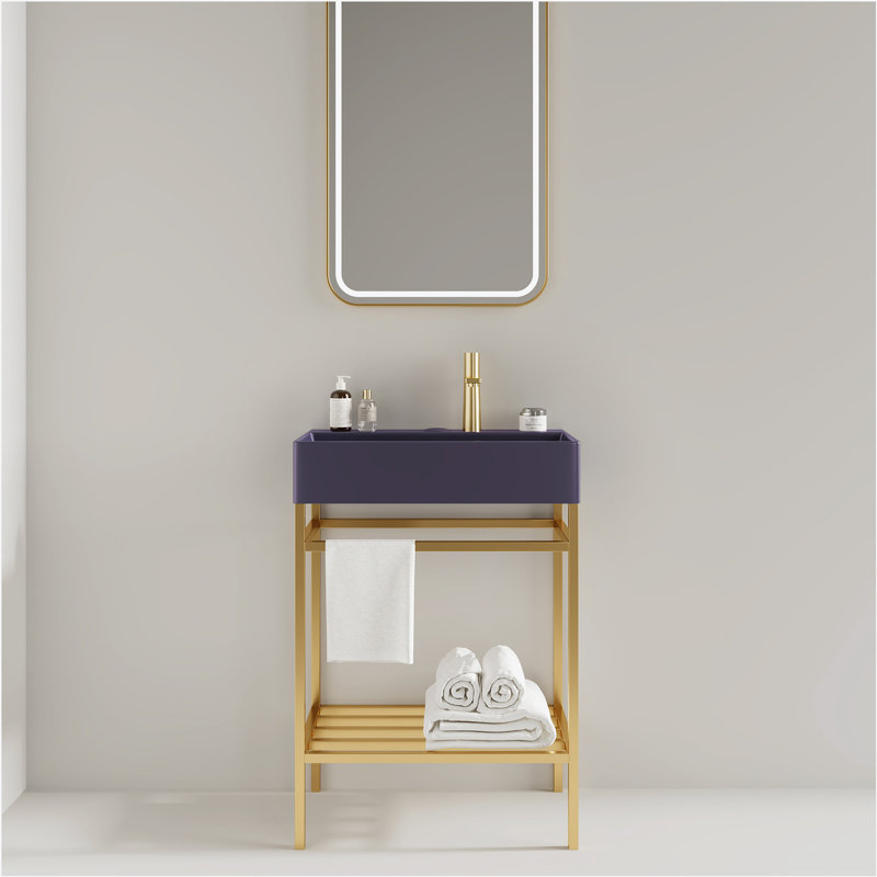 Meuble-lavabo 24 po avec lavabo en céramique, ensemble de lavabo console sur pied, lavabo rectangulaire en céramique mauve brillant sans robinet, pieds en métal ouverts, tablettes de rangement, doré