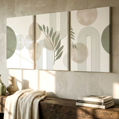 Ensemble de 3 grandes cercles géométriques abstraits et feuilles, art mural trois pièces pour le salon, la chambre à coucher, le bureau et la maison, prêt à être accroché