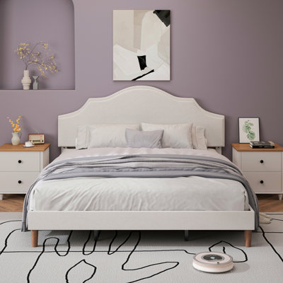 King Size Bed Frame Upholstered Platform Bed With Adjustable Headboard,Linen Fabric Padded,Modern Simple Style Platform Bed No Box Spring Needed, Easy Assembly, White