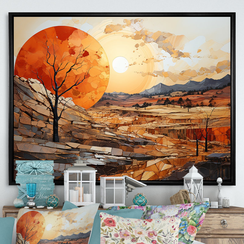 Orange Sunset, paysage abstrait, art mural Meadow - Paysage abstrait, Cadre flottant noir, H 24 po x l 32 po x P 1 po