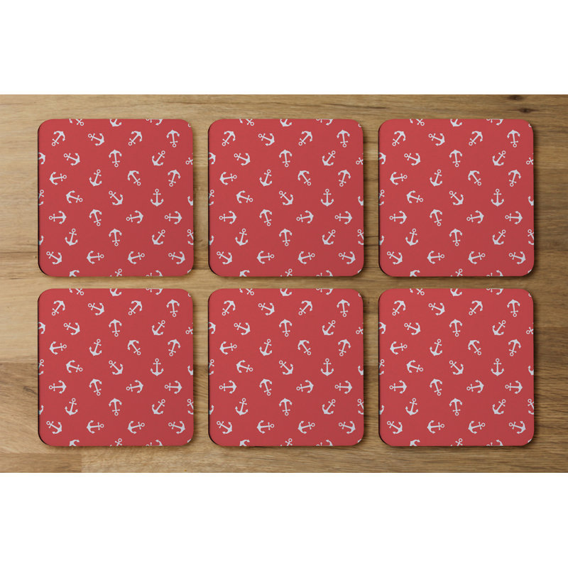 Square 6 Piece Coaster Set, Red/White