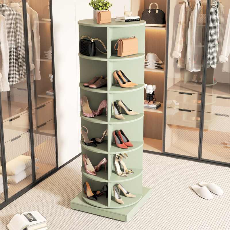 Boîte à chaussures rotative 360 °, 6 couches, pouvant contenir 24 paires, peu encombrante, facile à construire, support de style américain, compatible avec l'économiseur, la fabrication, la décoration