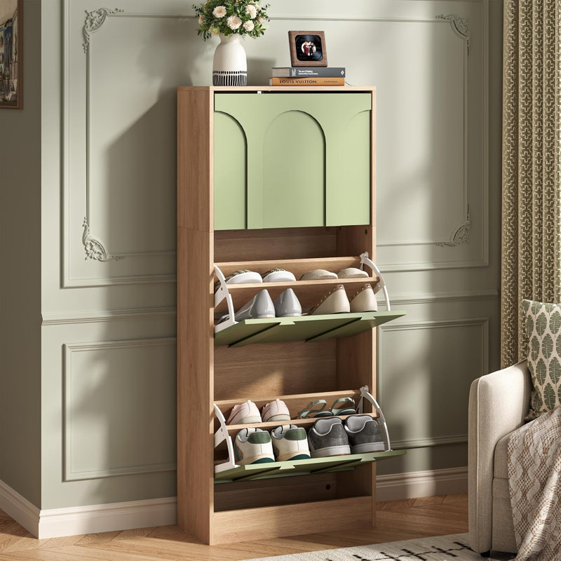 10 Pair Solid Wood Shoe Storage Cabinet, Green&Natural