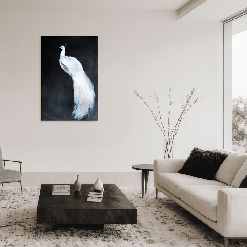Nature Inspired Alabaster Majesty: White Peacock Against The Night, 40" H x 30" W x 1.5" D, Wrapped Canvas, Does Not Apply