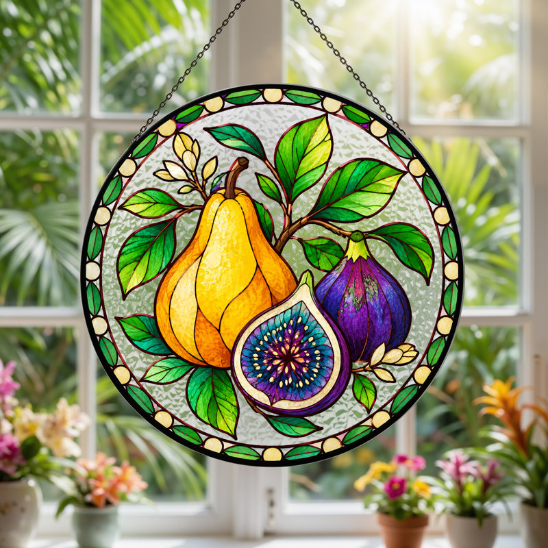 Art mural sur toile en forme de cercle de vitrail jaune avec poire jaune, H 7,8 po