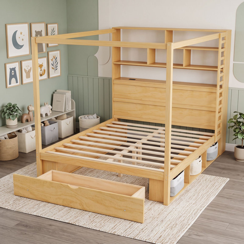 Lit plateforme en bois avec étagères, station de chargement USB, éclairage DEL et tiroir au pied du lit, Grand lit, Naturel