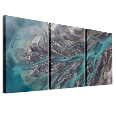 «Turquoise tressé rivière vue aérienne gris sable ensemble de 3 toiles»