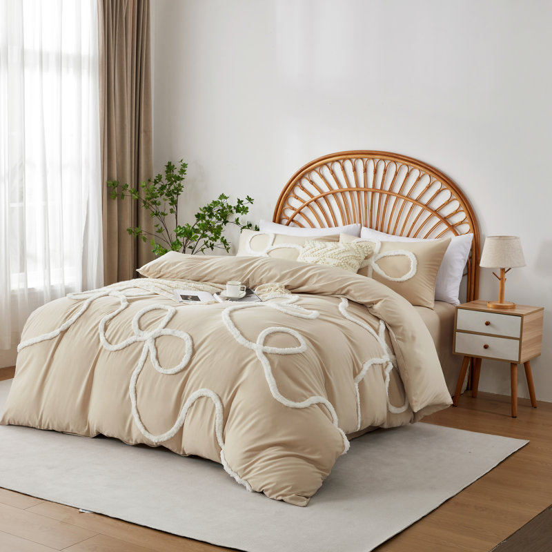 Boho Tufted Embroidered Duvet Cover Set with Zipper and Ties for All Season, Twin Duvet Cover + 1 Pillowcase, Khaki