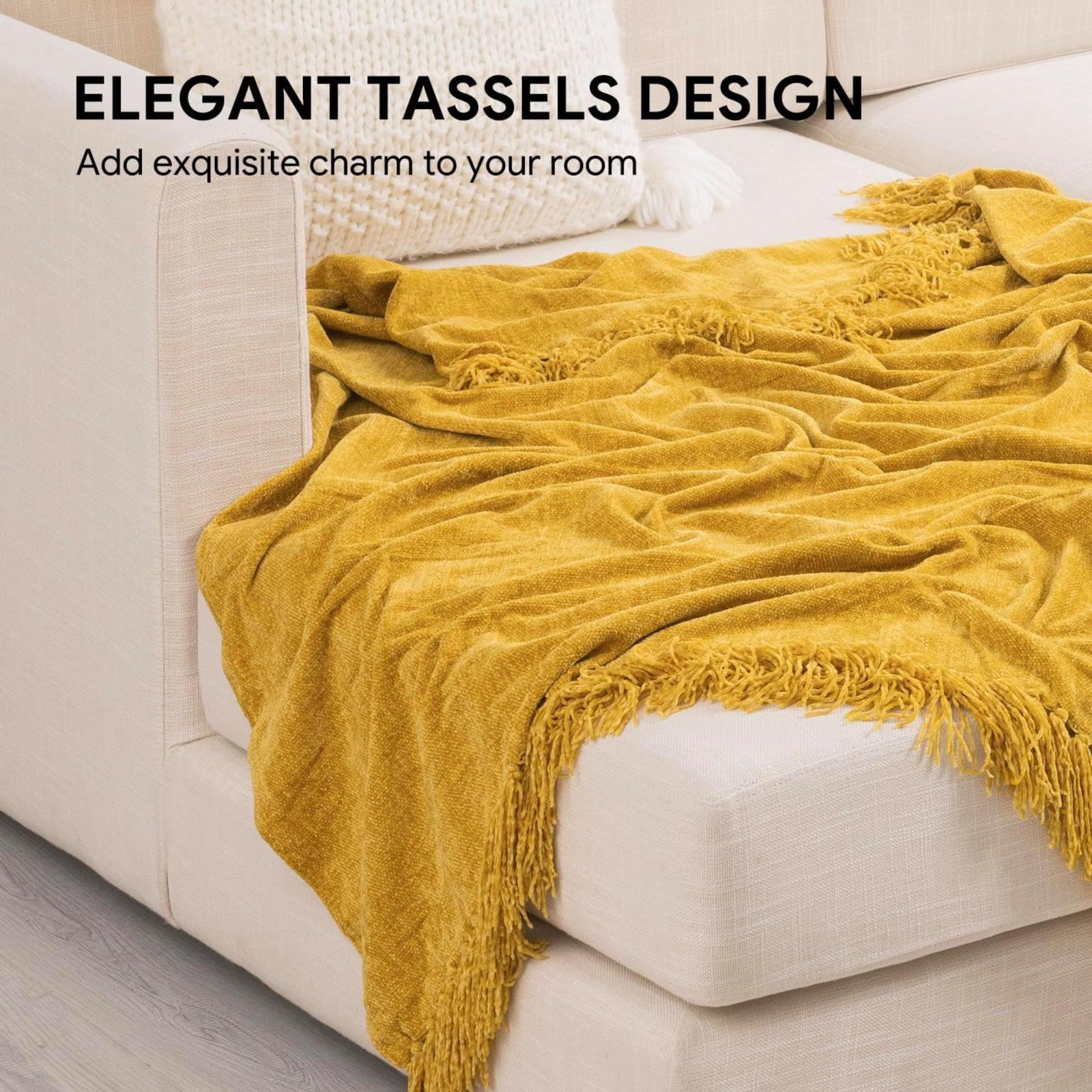 Soft Chenille Throw Blanket, 60" L x 50" W, Mustard Yellow